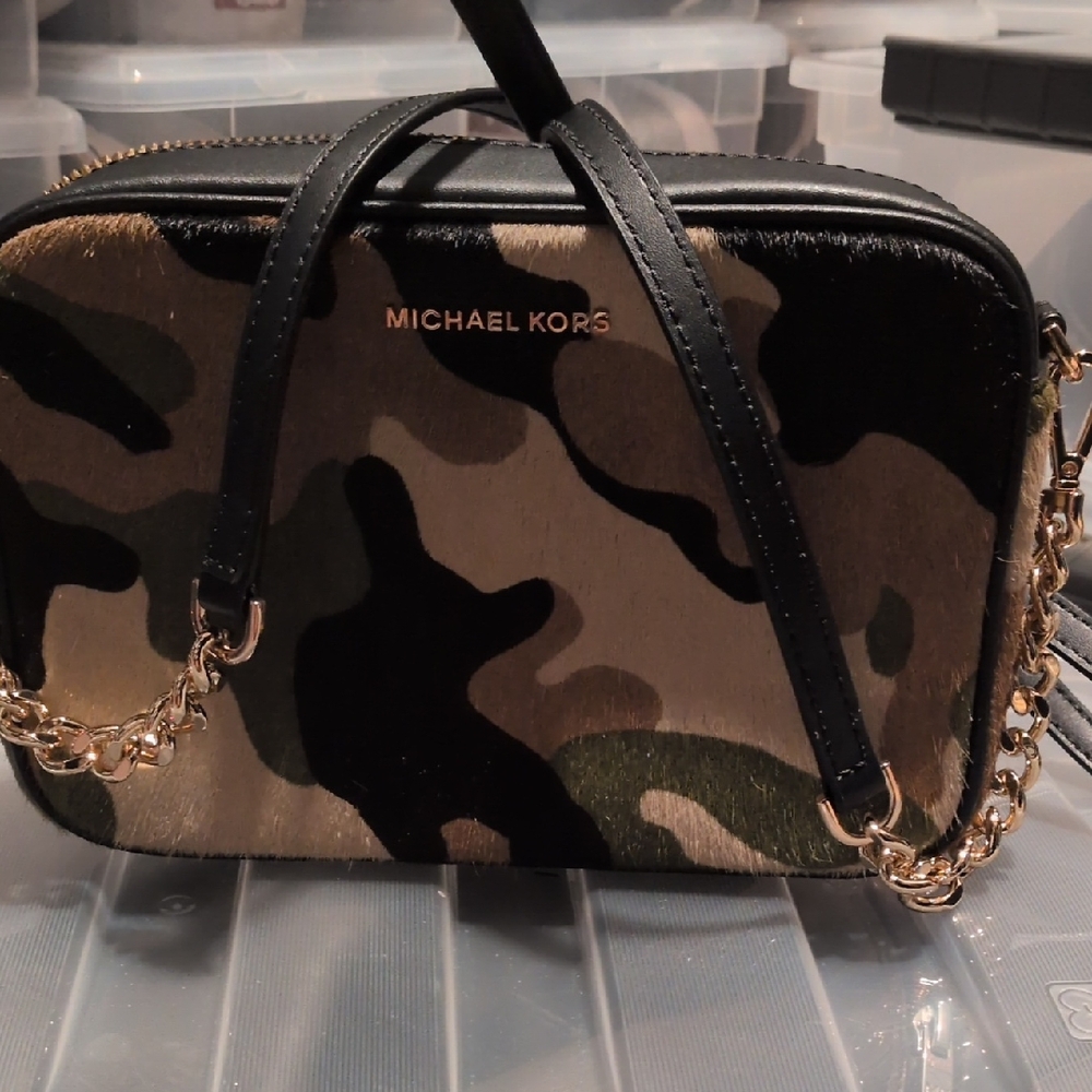 Michael Kors Black and Green Camouflage Crossbody Bag